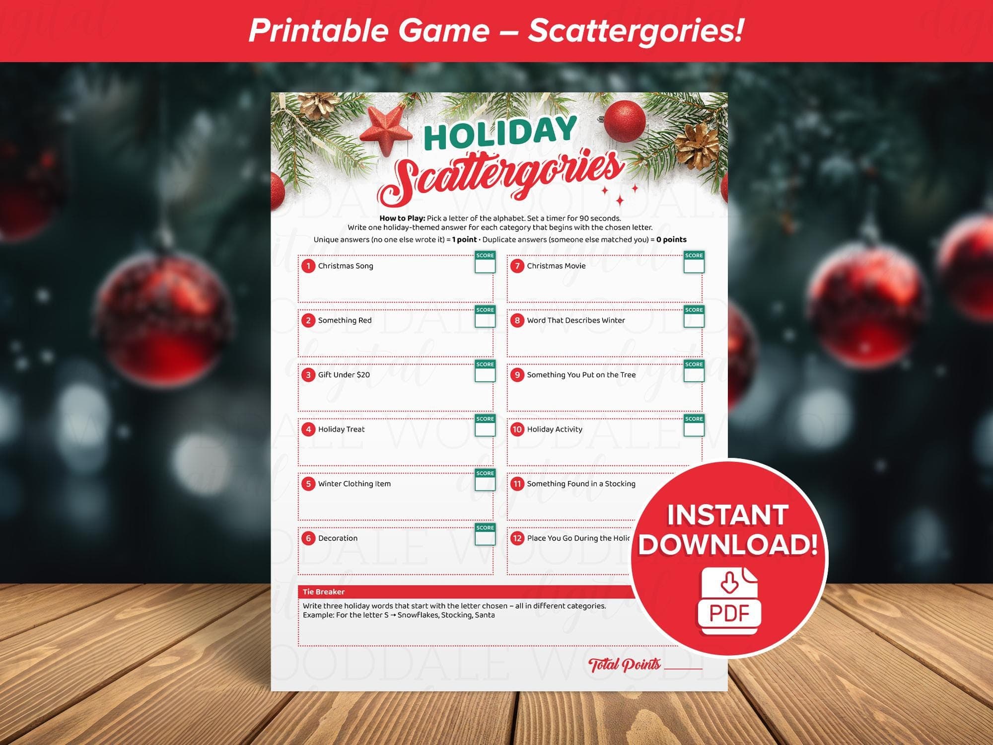 Holiday Scattergories Game | Christmas Party Printable | Instant Download