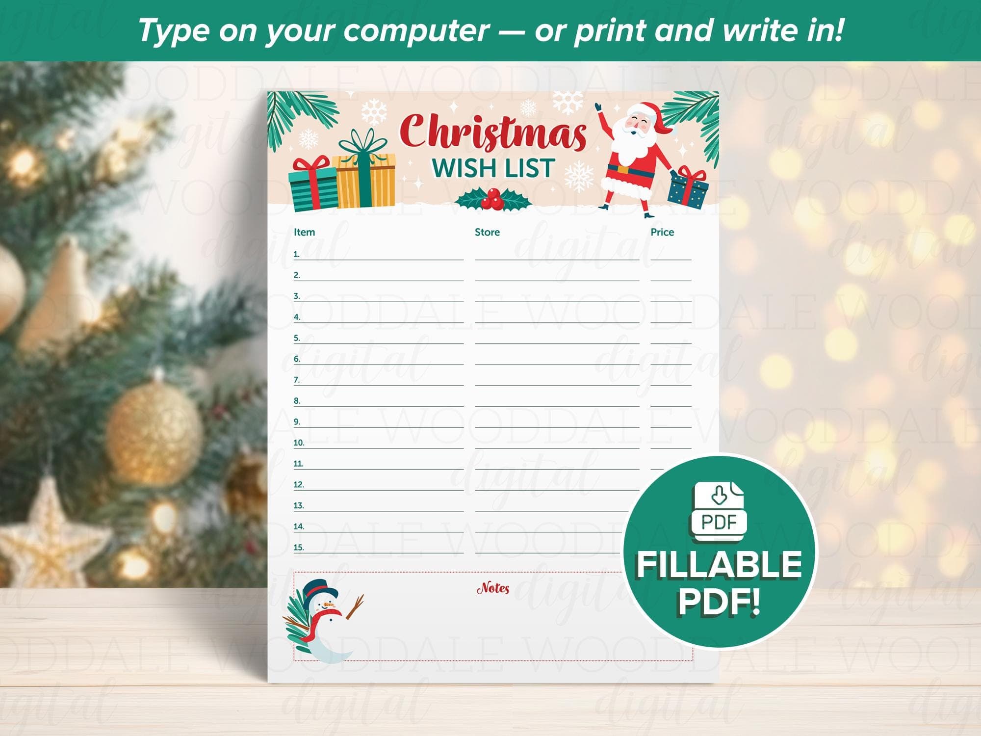 Christmas Gift Wish List PDF – Fillable or Printable Template – Vintage Santa Style