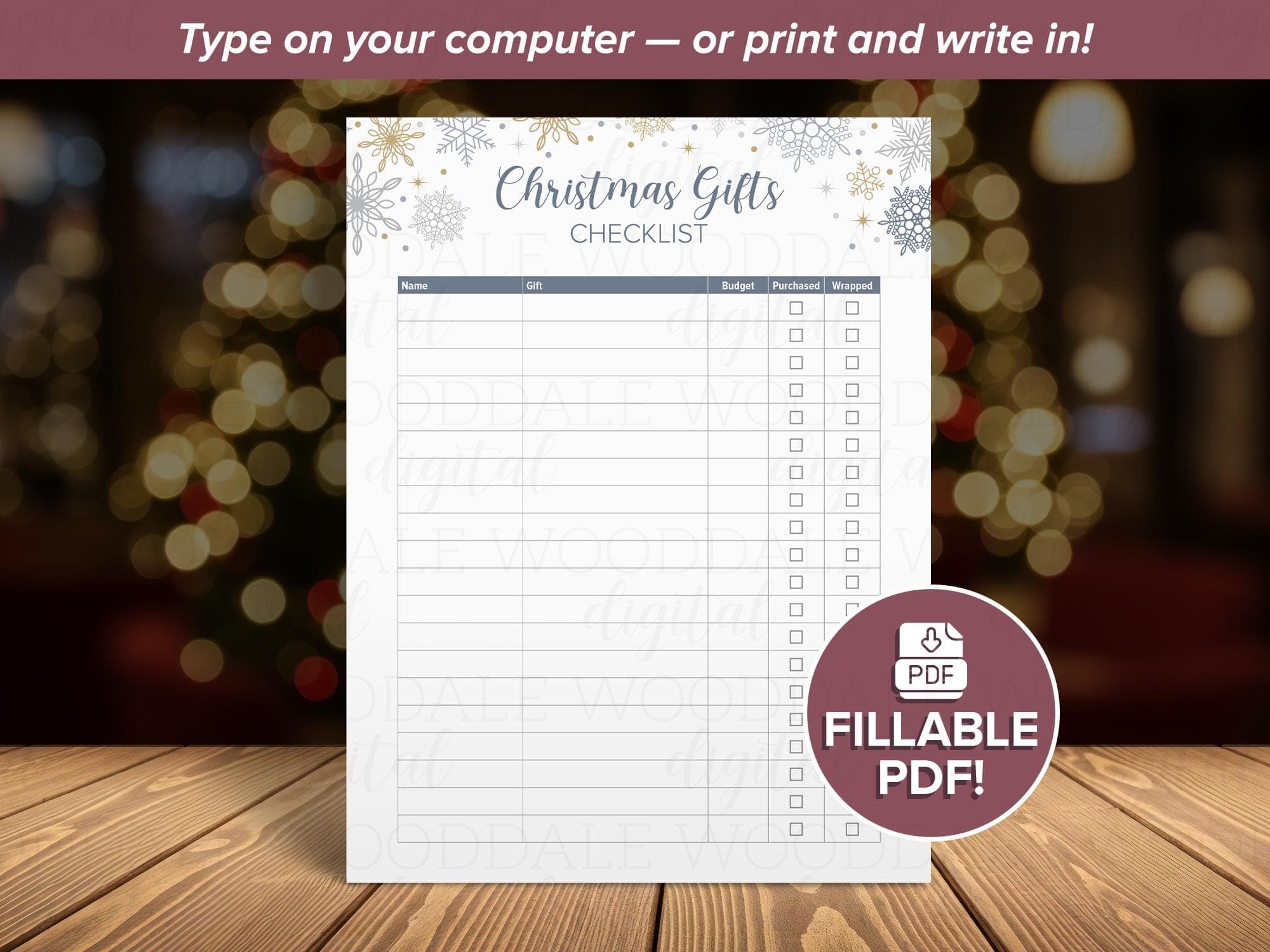 Christmas Gift Checklist PDF – Fillable or Printable Template – Snowflake Them