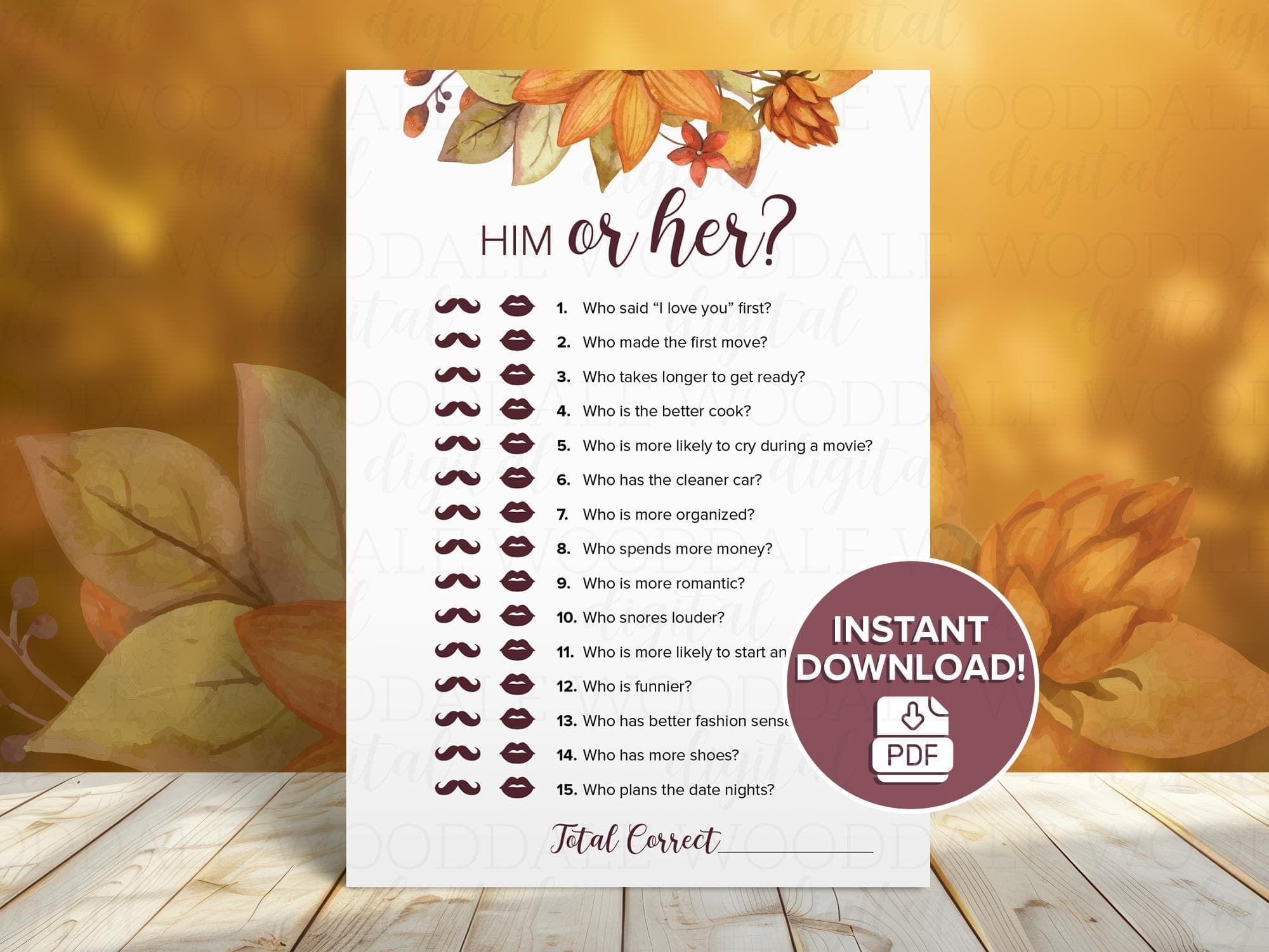 Bridal Shower Game Printable – Him or Her Activity, Autumn Design (PDF Download)