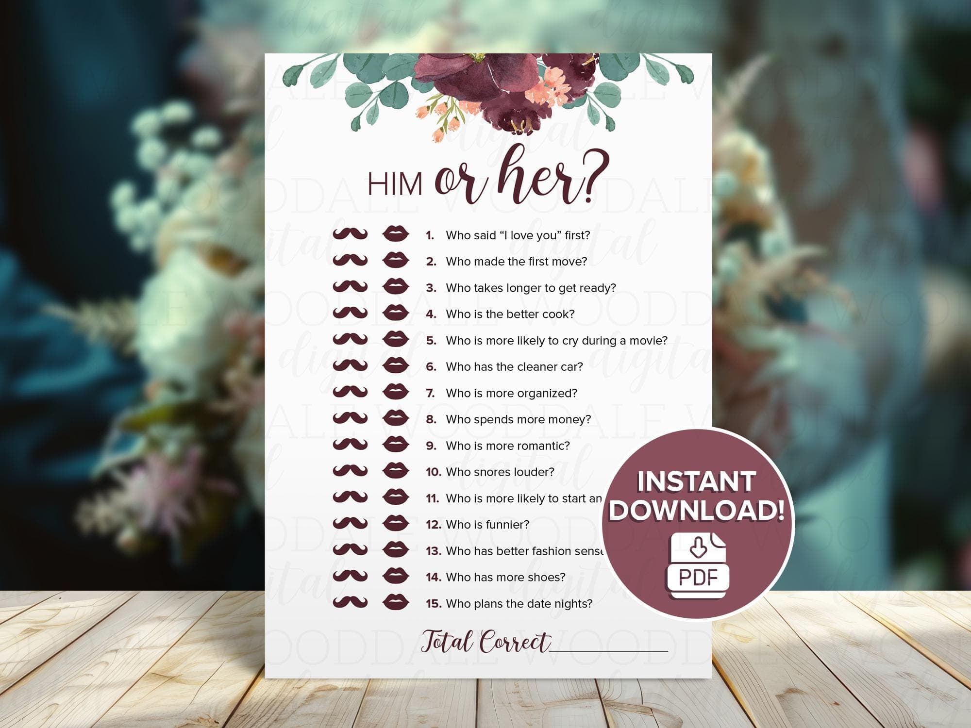Bridal Shower Game Printable – Him or Her Activity, Vintage Bouquet (PDF Download)