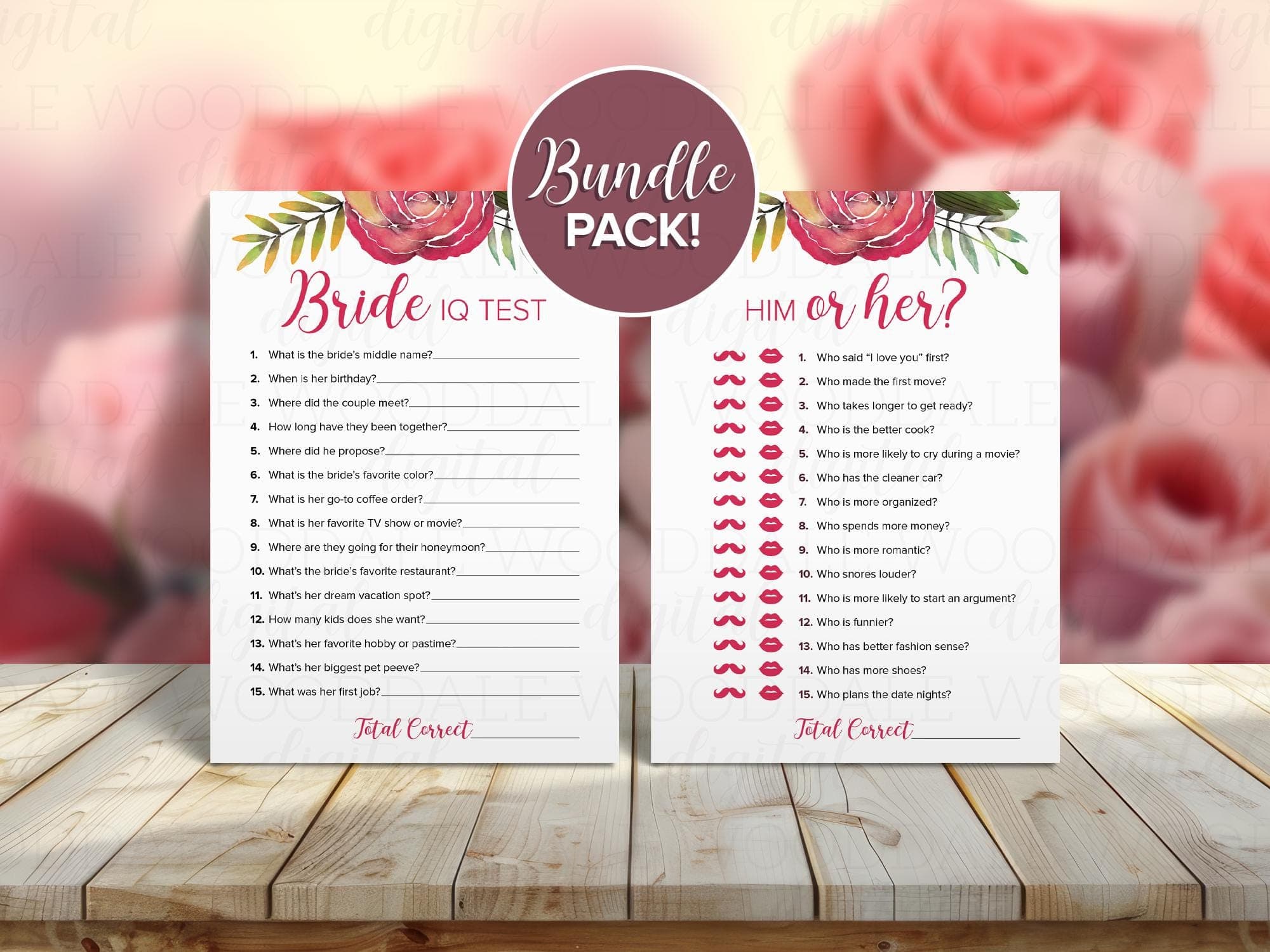 Bridal Shower Games Printable – Bride IQ & Him or Her, Watercolor Rose Design (PDF Download)