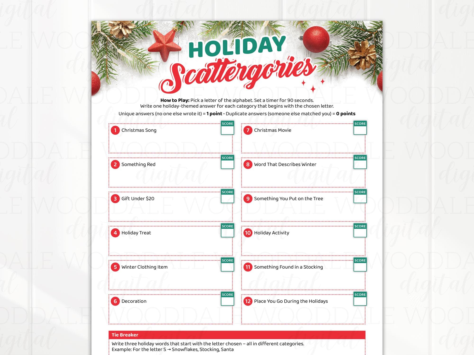Holiday Scattergories Game | Christmas Party Printable | Instant Download image 2