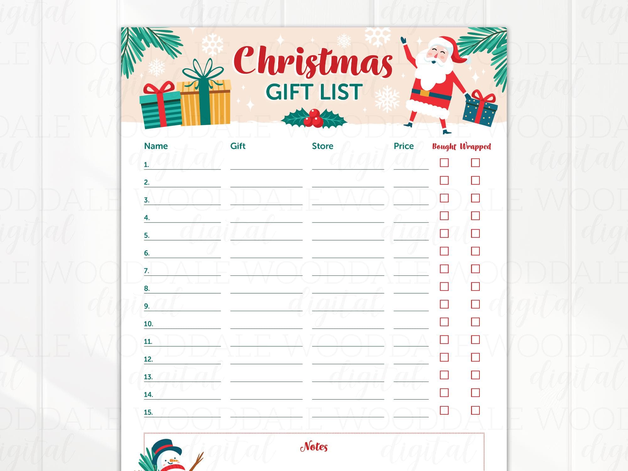 Christmas Gift Checklist PDF – Fillable or Printable Template – Vintage Santa Style image 2