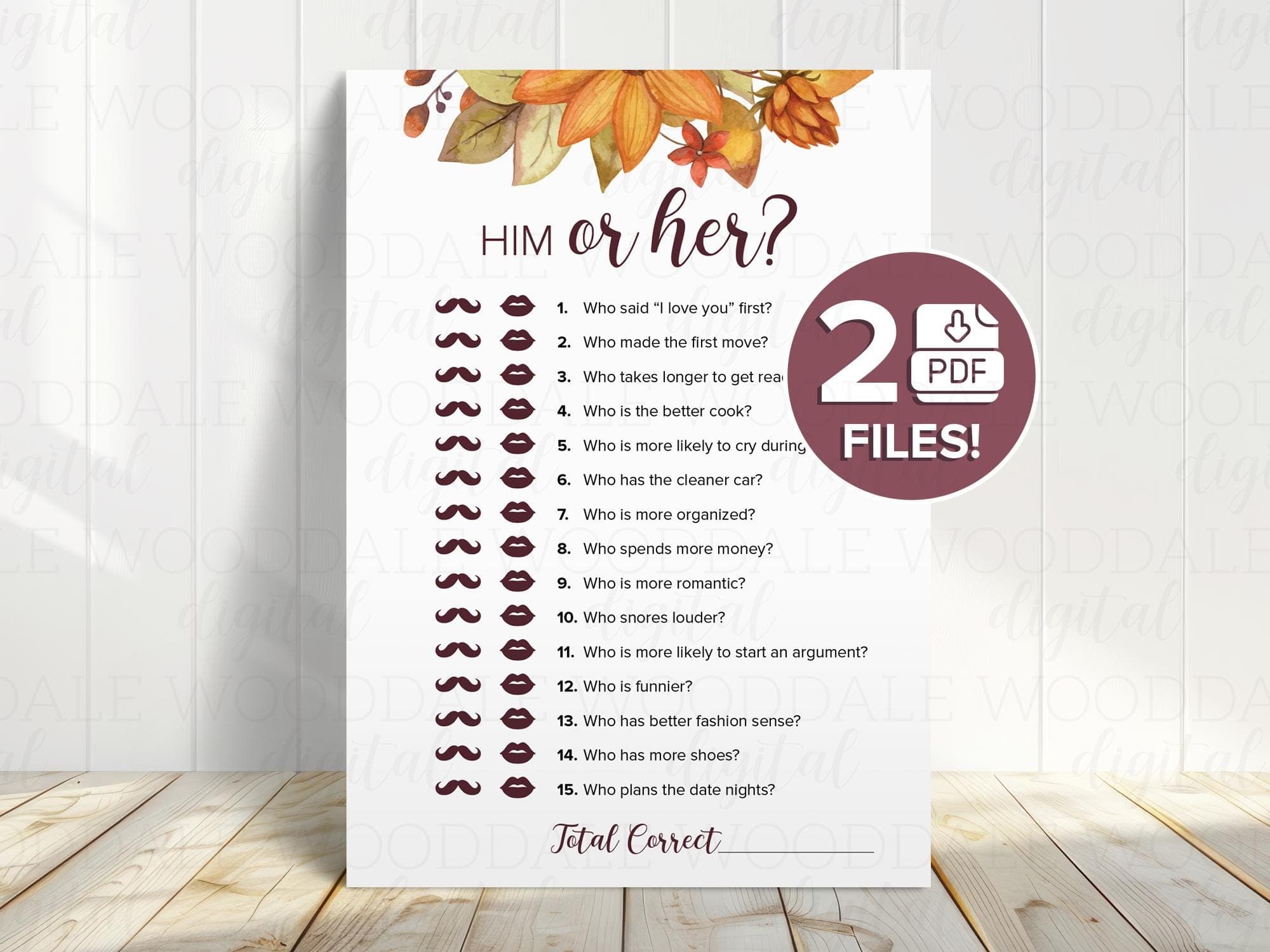 Bridal Shower Game Printable – Him or Her Activity, Autumn Design (PDF Download) image 2