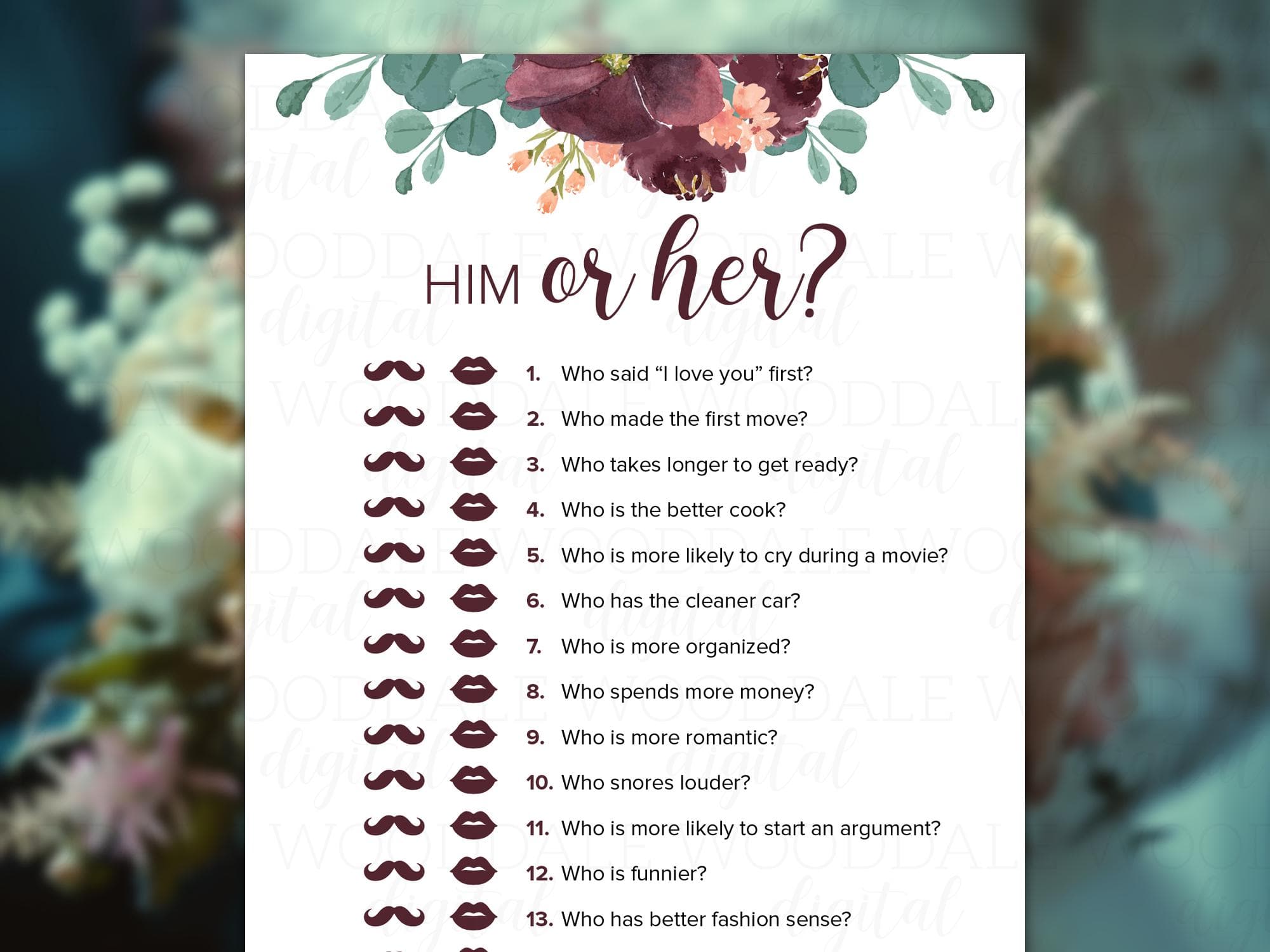 Bridal Shower Game Printable – Him or Her Activity, Vintage Bouquet (PDF Download) image 2