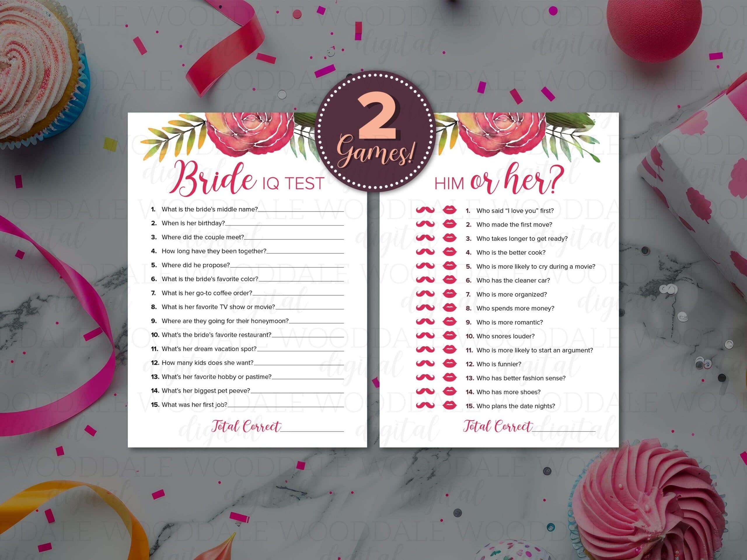 Bridal Shower Games Printable – Bride IQ & Him or Her, Watercolor Rose Design (PDF Download) image 2