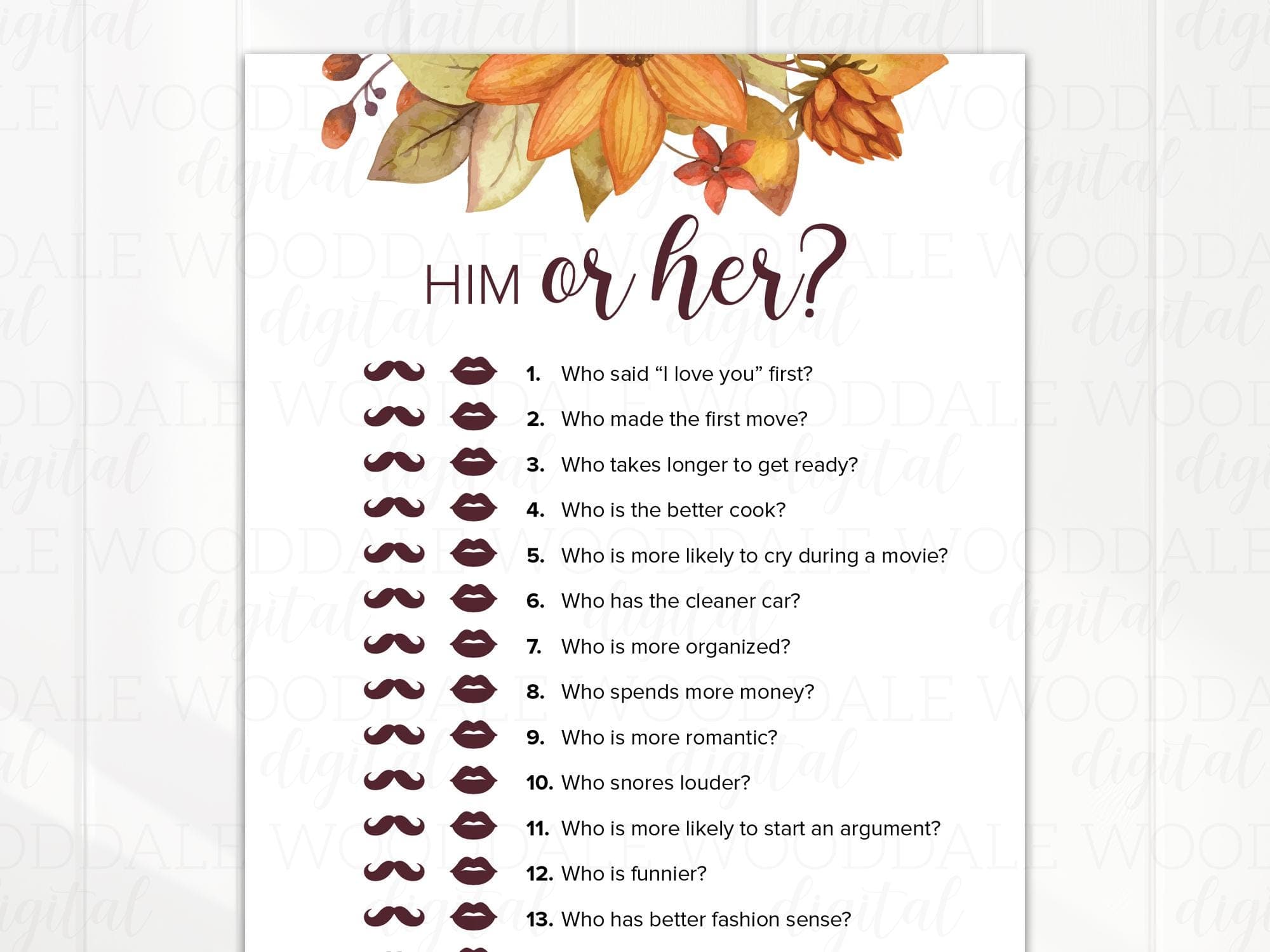 Bridal Shower Game Printable – Him or Her Activity, Autumn Design (PDF Download) image 3