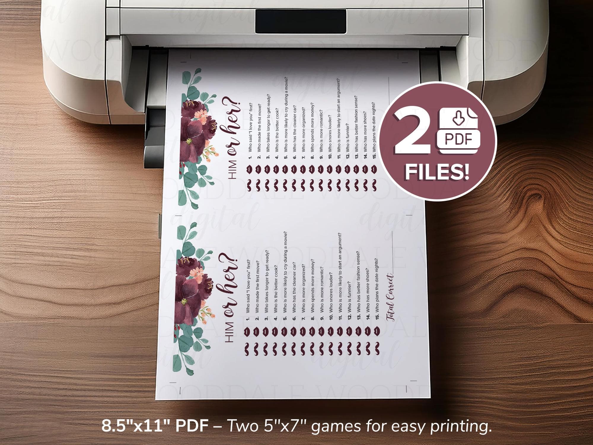 Bridal Shower Game Printable – Him or Her Activity, Vintage Bouquet (PDF Download) image 3