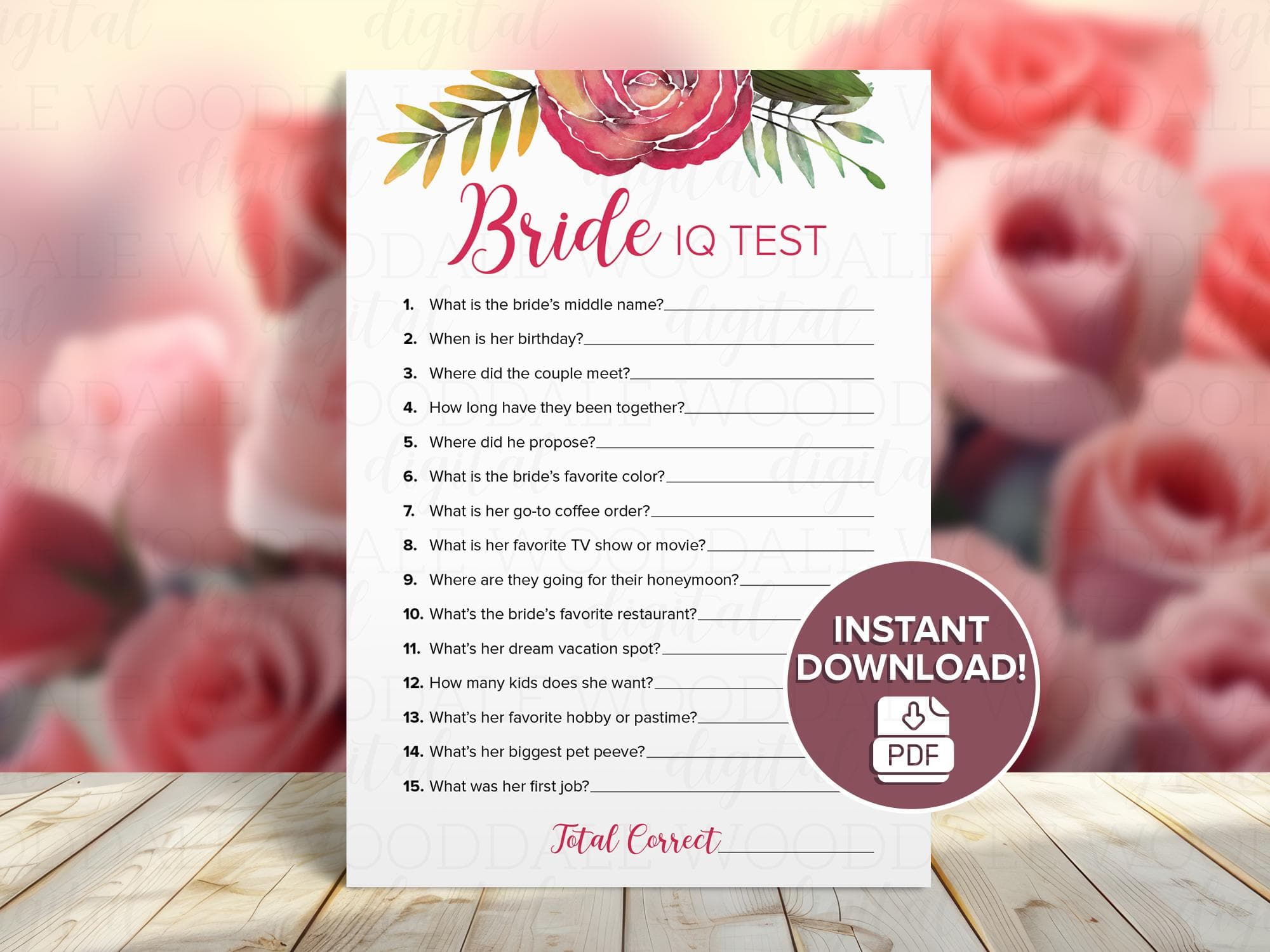 Bridal Shower Games Printable – Bride IQ & Him or Her, Watercolor Rose Design (PDF Download) image 3