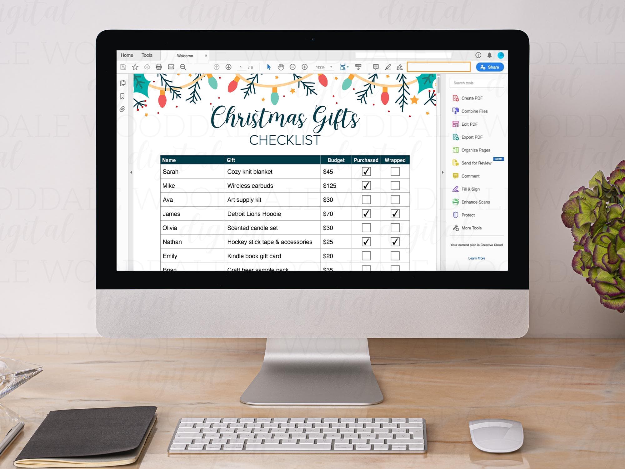 Christmas Gift Checklist PDF – Fillable or Printable Template – Hand Drawn Lights image 4