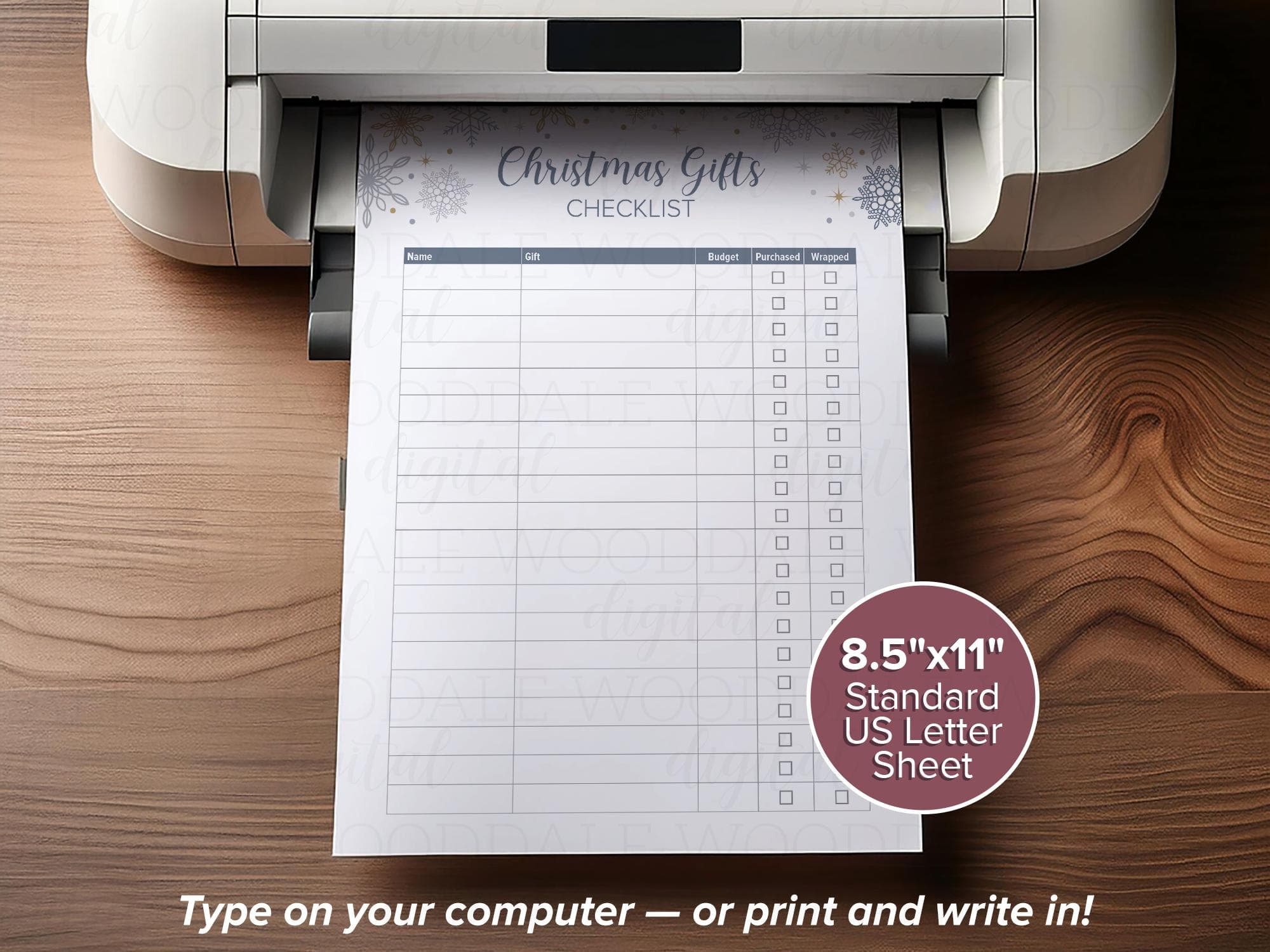 Christmas Gift Checklist PDF – Fillable or Printable Template – Snowflake Them image 4