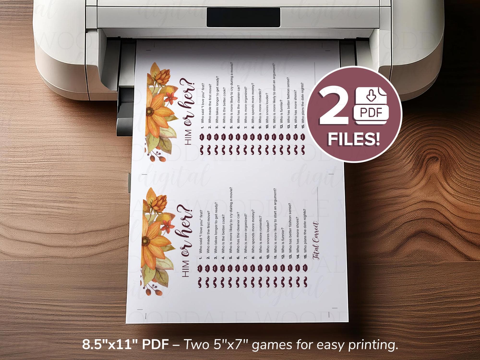 Bridal Shower Game Printable – Him or Her Activity, Autumn Design (PDF Download) image 4