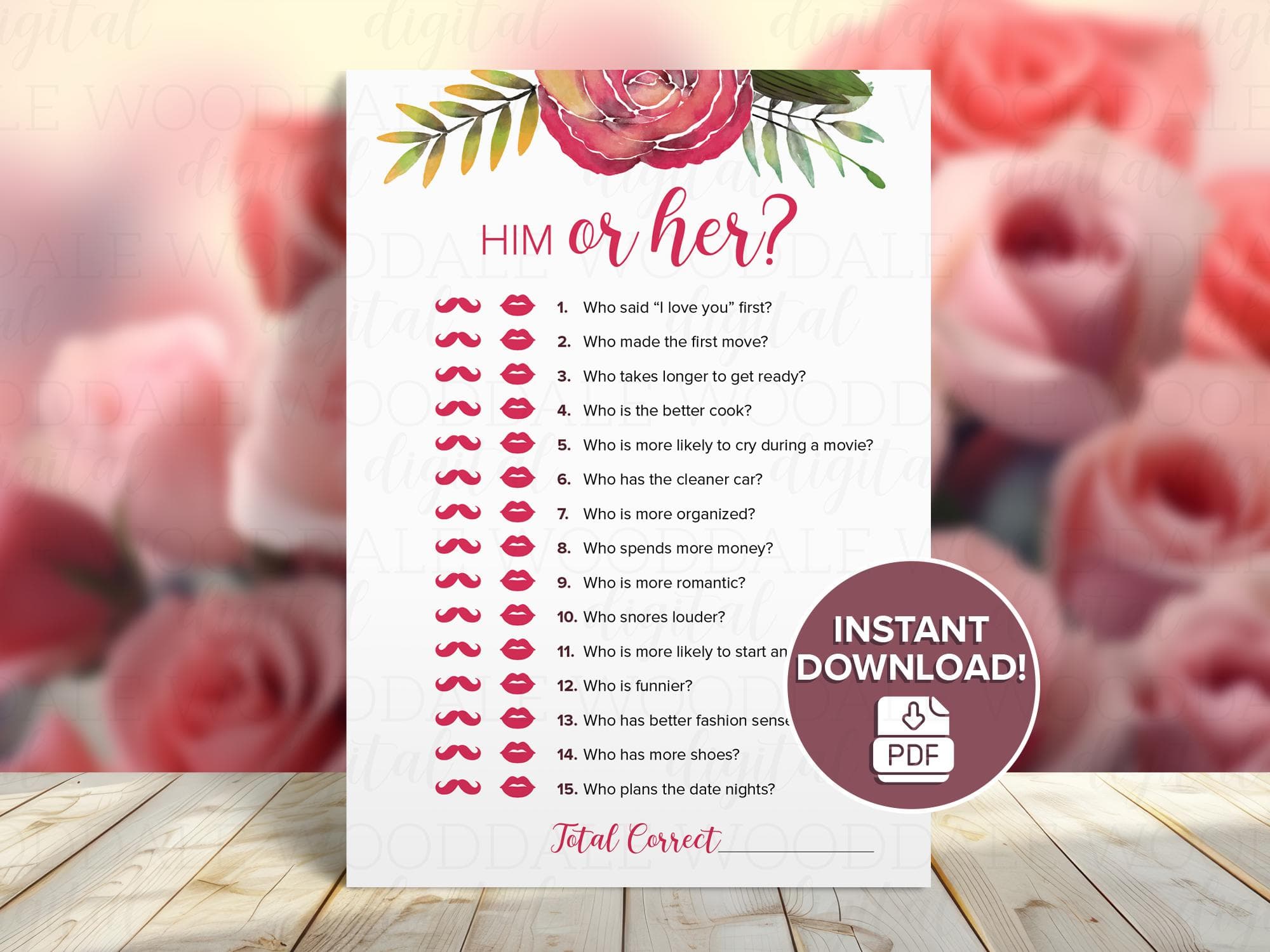 Bridal Shower Games Printable – Bride IQ & Him or Her, Watercolor Rose Design (PDF Download) image 4